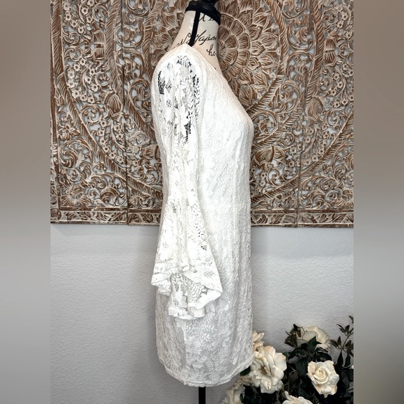 Lulus Allure 'Em In White Lace Bell Sleeve Bodycon Boho Fairycore Mini Dress - Picture 7 of 16